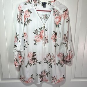 rue21 White Pink Green Floral Zip Front V-Neck Roll Tab 3/4 Blouse XL Polyester